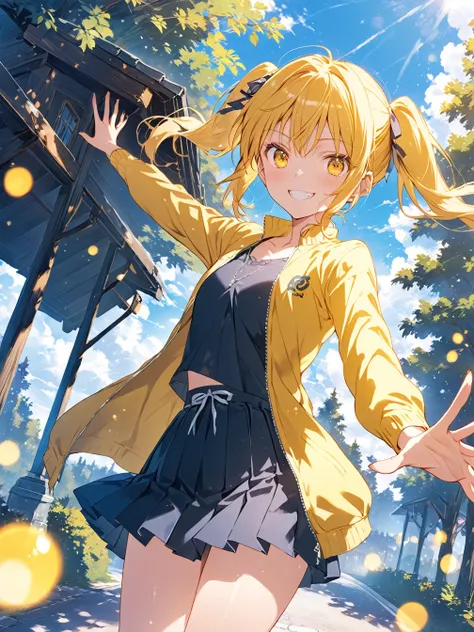 (SuperQuality:1.0), (SuperQuality:1.2), ((yellow twintails)), ((sharp yellow eyes)), (tsundere expression), (narrow eyes), high ponytails, long straight hair, white blouse, short yellow jacket, pleated skirt, athletic build, slender waist, small bust, outs...