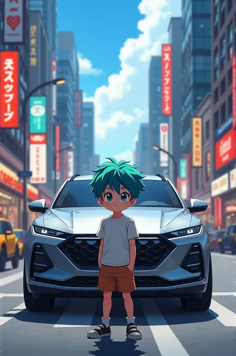 A small anime boy standing in front of silver suv in city