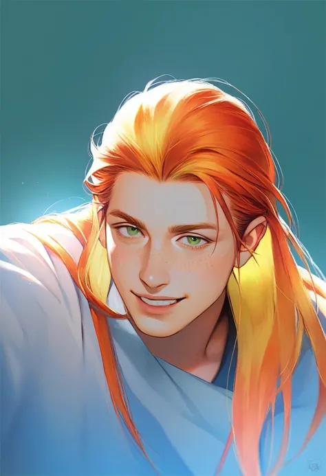 1boy, male focus, 1 man, Guy, mature, guy with orange long hair right side of hair tucked behind his ear, green eyes, freckles, bright freckles, 20 years, and a perfect face, smiling in love, cinematic lighting, top view, ultra detailed, best quality, mast...