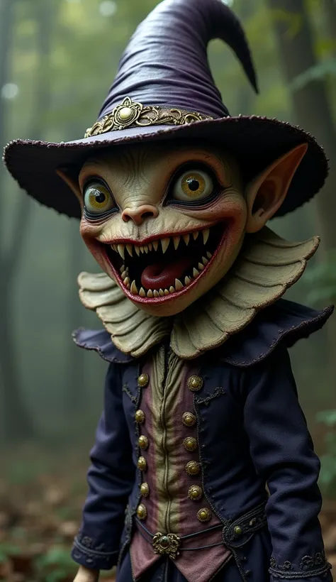 a creepy humanoid creature with an eggplant head, unnatural grin, in the style of Alice in Wonderland, with a large mouth, witchs hat, extremely detailed and intricate clothing, full body shot, 4k 8k ultra realistic, masterpiece