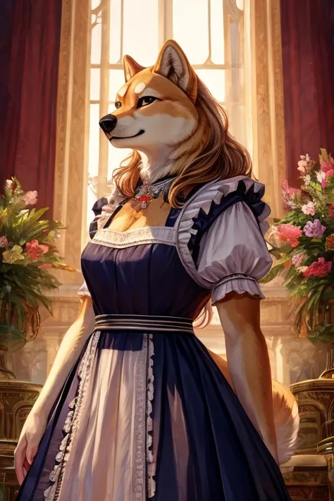 ((furry))、[[woman]]、Mature woman、Shiba Inu、Gentle expression、Wavy semi-long hair、Maid、Long skirt、eight-headed body、whole body、European aristocratic mansions、((Best Quality))、((Ultra HD))