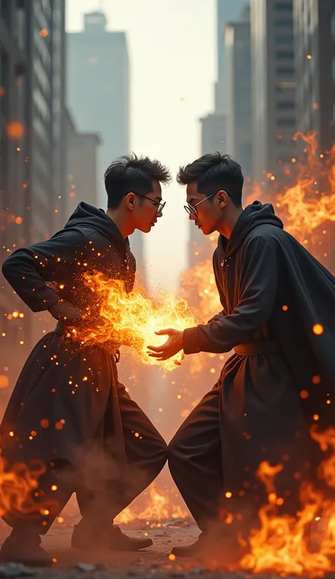 portrait, fight between young men wearing glasses from Indonesia, wearing black robes with flaming hands, between Marvel and DC characters in the middle of a city with tall buildings, realistic, UHD 64K, very dynamic, cool and complex visual effects, very ...