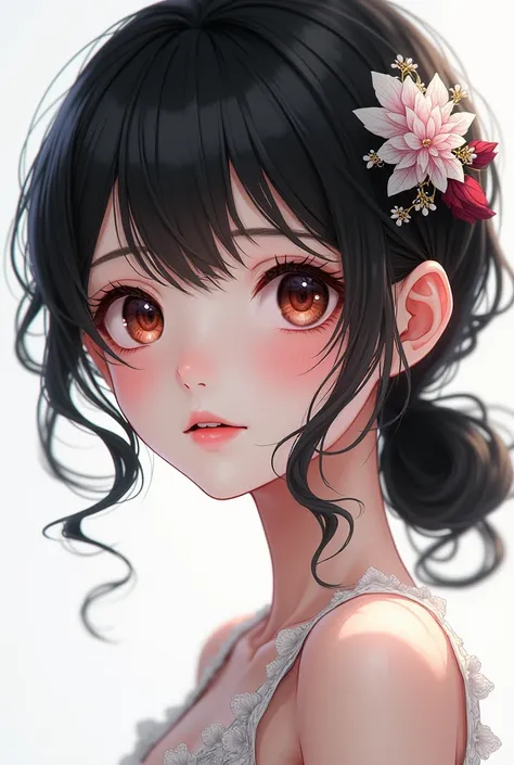 anime girl, realistic shadows, detailed skin, very small breasts, black hair, very detailed, 8k highly detailed face, perfect face shape, full perfect lips, perfect nose, correct beautiful eyes, watching viewer, white shirt, hair flowers, masterpiece, best...