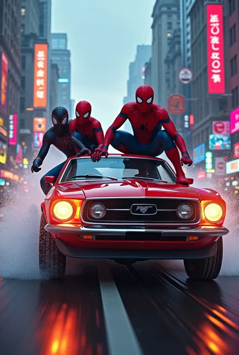 Create a image spidermen riding car