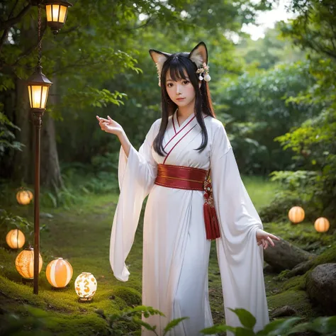 Image Description:

The photo features Yae Miko, the popular Genshin Impact character, in a serene and mystical environment. Shes standing in a lush, vibrant forest, surrounded by towering trees with glowing, ethereal mushrooms growing around their bases. ...