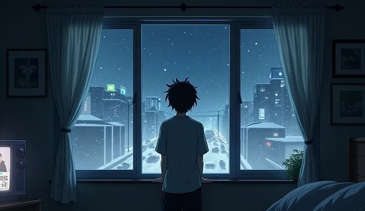 Create the anime interior of Yuki’s apartment at night. The lights inside are dim, and through the window, heavy snow can be seen falling outside. The snow has started to blanket the city streets and buildings, giving everything a white, silent, and slight...