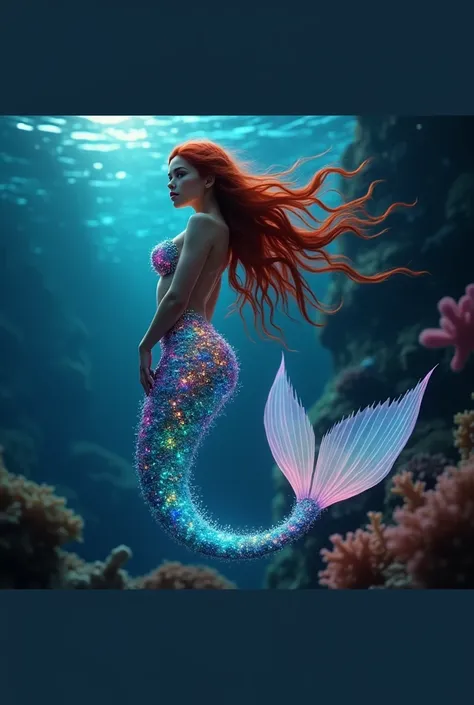 (Masterpiece), high resolution, photo of a beautiful mythical creature mermaid with a beautiful face, large breasts, ethereal being with a body, consisting of shimmering crystalline structures.  After the transformation, Brenda will radiate an unreal glow....