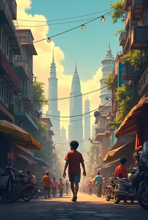 1. **A young boy walking through the bustling streets of Mumbai**, full of dreams, with the citys skyline in the background.