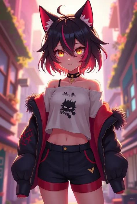 An average height girl with short dark-brown hair with raspberry-colored tips and yellow eyes. She is dressed in a black and red shorts and a short t-shirt with a jacket. Image in Genshin Impact game style