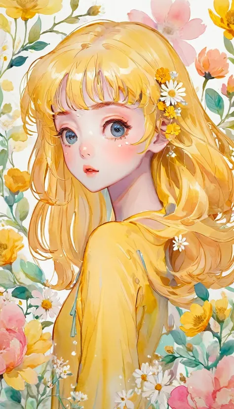 watercolor anime style, (Floral) digital art,pastel light color background, Cute art, blown by the wind, beautiful whimsical , cute whimsica ,Yellow hair