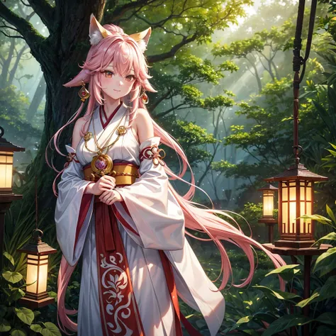 Image Description:

The photo features Yae Miko, the popular Genshin Impact character, in a serene and mystical environment. Shes standing in a lush, vibrant forest, surrounded by towering trees with glowing, ethereal mushrooms growing around their bases. ...