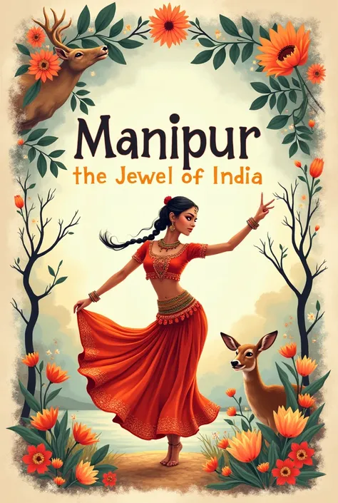 "Design a beautiful cover page for a scrapbook about Manipur. Include vibrant illustrations of the Sangai deer, Loktak Lake, and a traditional Manipuri dancer performing the Ras Leela. Use soft pastel colors and artistic fonts for the title: Manipur: The J...