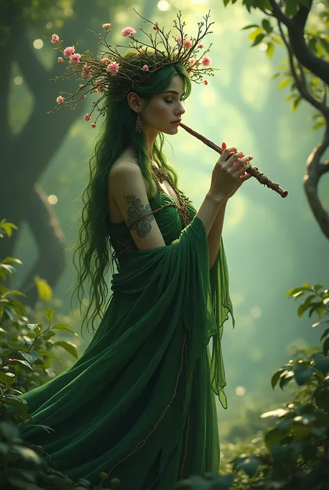 a woman forest guard, greenish skin, dress made of branches, crown of branches (like snow white&#39;s mother), A magic flute of branches and flowers