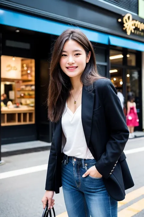 ((best quality)), ((masterpiece)), (detailed), The image shows a young woman standing in a shopping mall. She is wearing a black blazer, blue jeans, and black heels. She has long dark hair and is smiling at the camera. The mall has a modern design with hig...