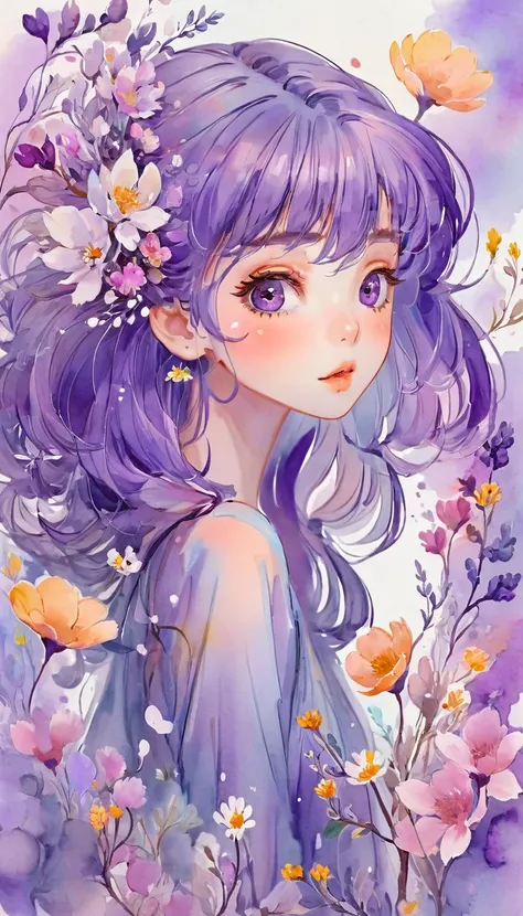 watercolor anime style, (Floral) digital art,pastel light color background, Cute art, blown by the wind, beautiful whimsical , cute whimsica ,Purple hair