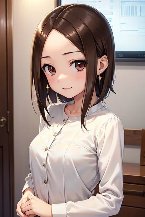 takagi-san、shiny brown hair, long hair,((medium breast、amount、center part))、 beautiful brown eyes、smile、shining eyes, (fine grai...