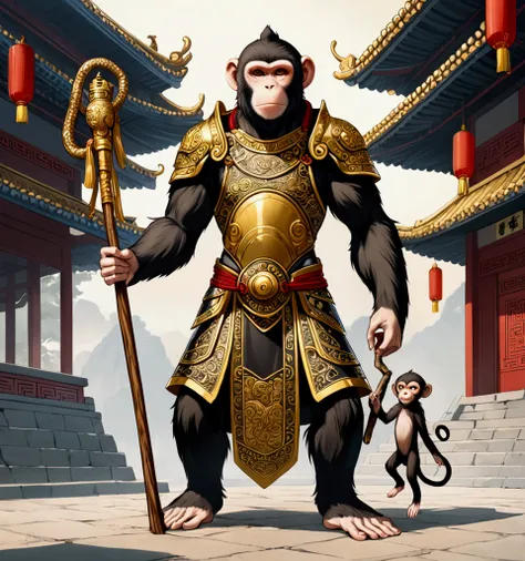 Monkey with humanoid body, slim but muscular, standing upright, wearing gold and black ancient Chinese armor, not wearing shoes, holding a stick 