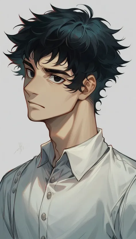 !pony score_9, score_8_up, score_7_up, 1boy, portrait, (masterpiece:1.2), (best_quality:1.2), (very_aesthetic:1.2), black eyes, solo, handsome, messy black hair, white shirt, lean, blank white background, male, gorgeous, source_anime