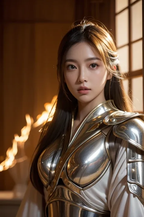 Best Quality, Face Focus, Soft Light, Ultra-high resolution, (Photorealistic:1.4), RAW Photos,Cinematic lighting,Late Elise、Golden Ratio/. Japanese Beauty（Silver armor with flame motif、Robe on Arma&#39;s shoulders,Tight long skirt,Beautiful legs,Tight blac...