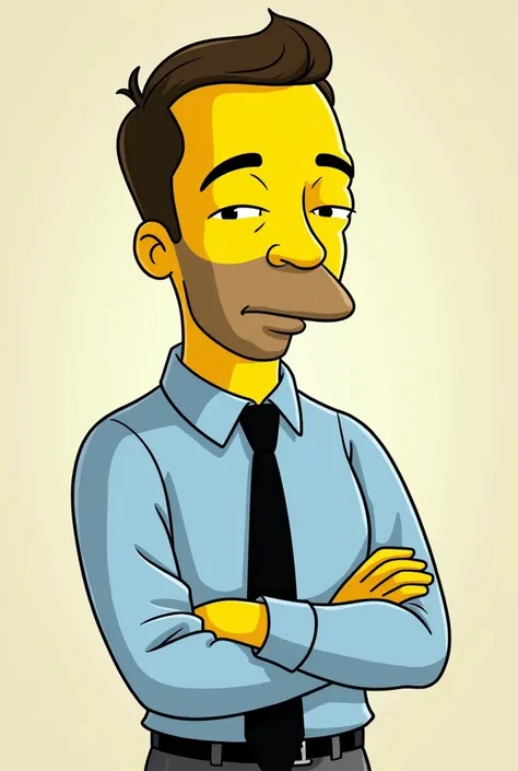 Drawing of a man inspired by Pablo Marçal, in the style of the characters from &#39;The Simpsons&#39;. He must have short hair and a thin beard., with yellow skin characteristic of the Simpsons. He is wearing a light blue dress shirt and a black tie.. The ...