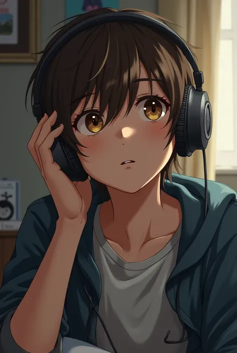 spiderverse character a man with brown hair, short hair, brown eyes, in his room, 16 years, listening to music with headphones on
