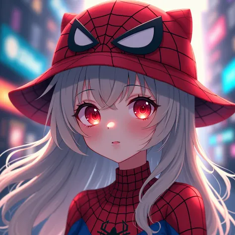 an anime girl with red eyes, long hair and a spiderman hat