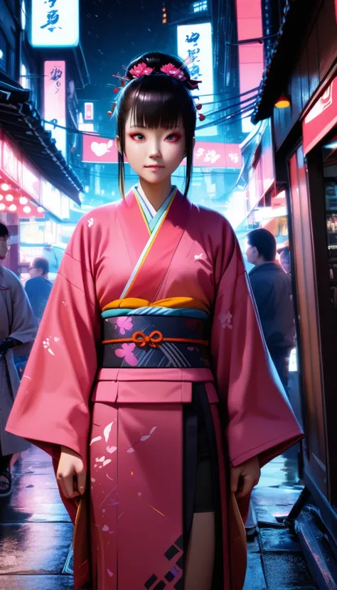 Japanese style cyberpunk、Photorealistic、kimono、Japaneseness