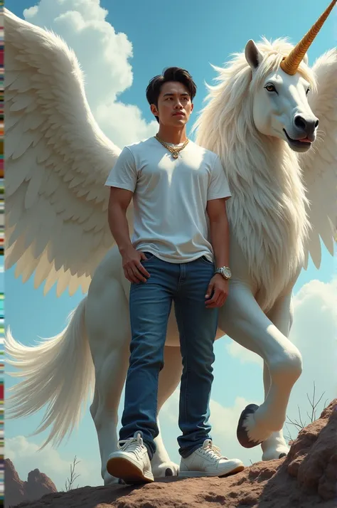 ((best quality)), ((masterpiece)), (detailed), perfect face, gentleman, Indonesian handsome, cool stylish clothes, sneakers, short black shiny hair,Rolex watch, cool clean face,Fantasy world setting, there are white unicorns with wings, winged lions 