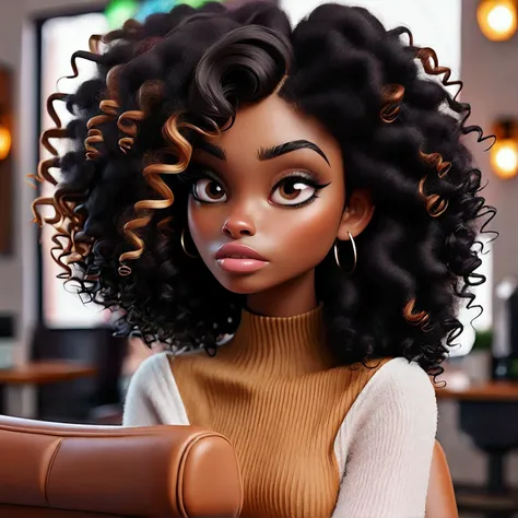 Create an image of a black woman sitting in a hair salon. She has curly hair and the picture doesn&#39;t show her face because her back is turned. The viewpoint of the image is behind the woman. The image color palette should include the following colors: ...