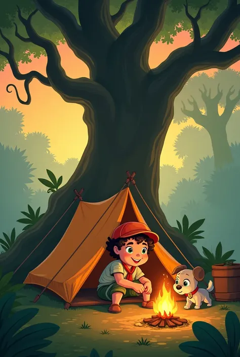 Jaadu and Toto set up their small tent in a clearing under a large tree with twisted branches. The jungle around them is quiet but eerie, with mist covering the ground. The sky is turning orange, and Jaadu is busy with a campfire while Toto is sniffing aro...