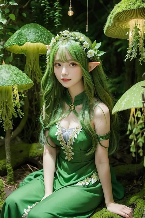 A forest elf with long, flowing green hair intertwined with leaves and flowers. Shes wearing a dress made of living vines and moss. Shes sitting on a giant mushroom in an enchanted forest, surrounded by glowing fireflies.