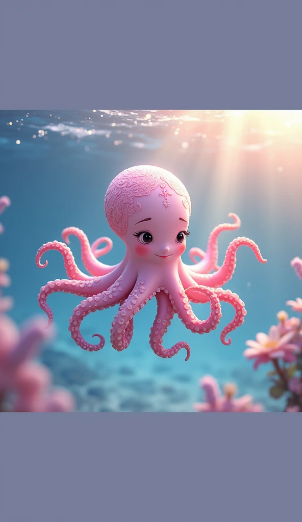 Create an illustration of an octopus with eight with cartoon characteristics and feminine features swimming in the depths of the clear, lighted, blue sea on a sunny day.{high quality}, octane render, Ultra HD, depth of field, epic, cinematic, ancient China...