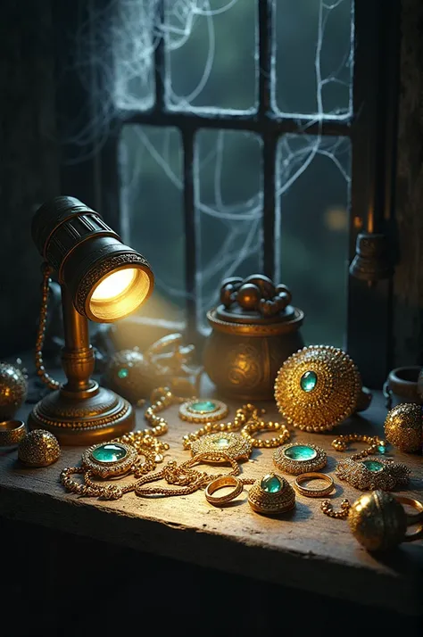 glittering gold and silver jewelry flashlight illuminating the treasure against a backdrop of cobwebs and shadows."