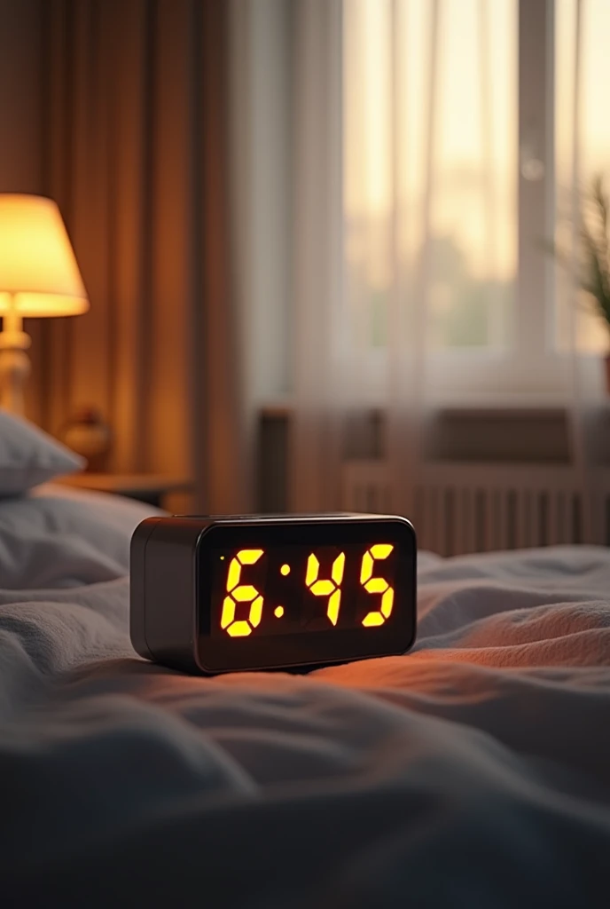 An alarm clock in a room that says 6:45

