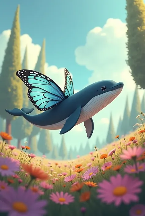 In the background a beautiful flower meadow. romantic. Some trees. In the foreground a flying whale without fins. Butterfly wings on both sides of the torso.