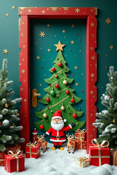 Christmas office door with green and red decorations,above a dark or light blue sky with golden stars, green and red. In the center there is a drawing with green cardboard of a decorated Christmas tree and below there is an image of Santa Claus in the snow...