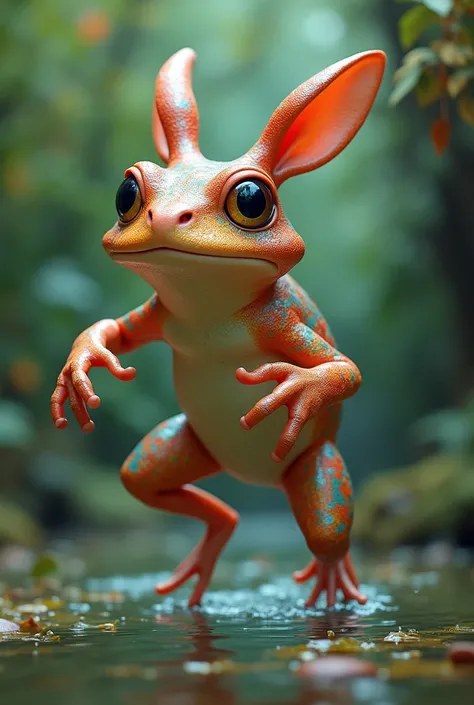 Frog and Rabbit: Explore a whimsical creature that has the leaping abilities of a rabbit and the vibrant colors and skin texture of a frog. How does it adapt to both land and aquatic environments?
