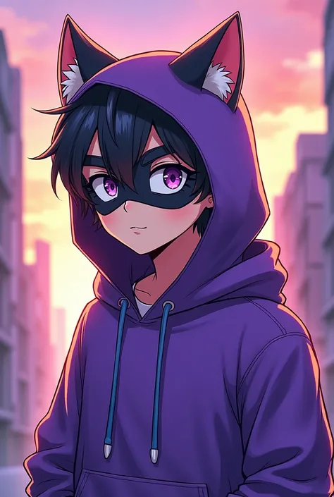 A male cartoon character wearing a cat mask and a purple cat hoodie in an anime style and a logo design.