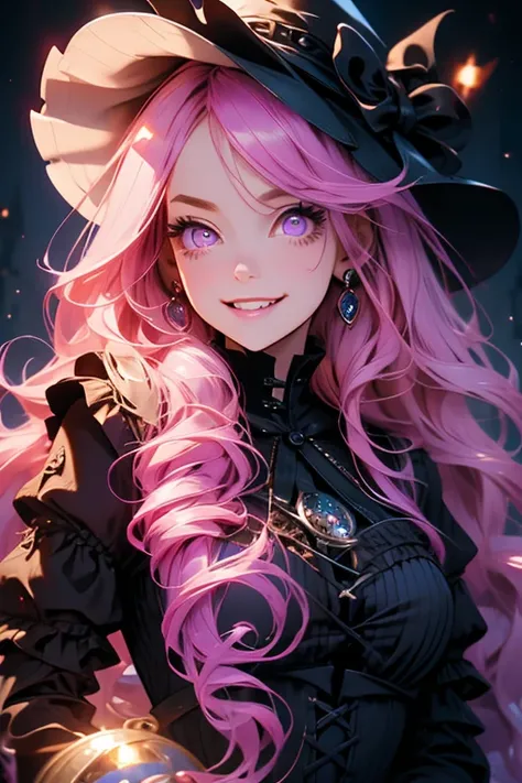 Perfect face. Perfect hands. A pink haired woman with violet eyes in a Gothic Lolita dress with an hourglass figure is holding a lantern in a creepy castle with a big smile