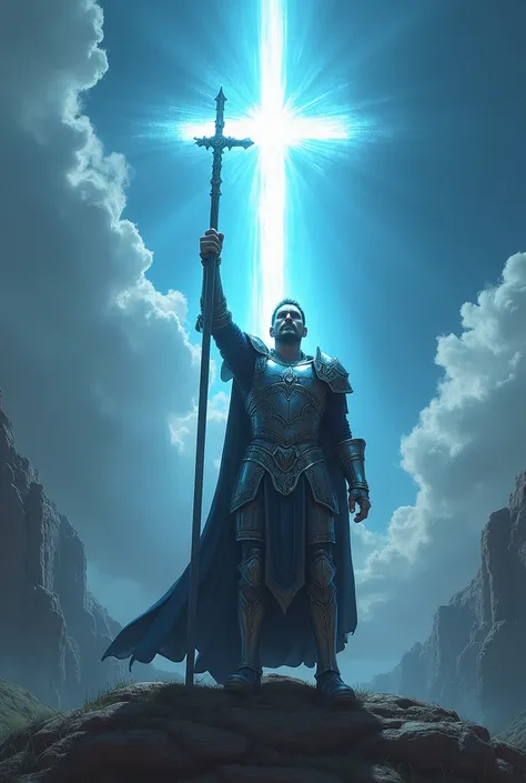 warrior in armor holding a cross of blue light in his hand raises it upwards and illuminates the heavens