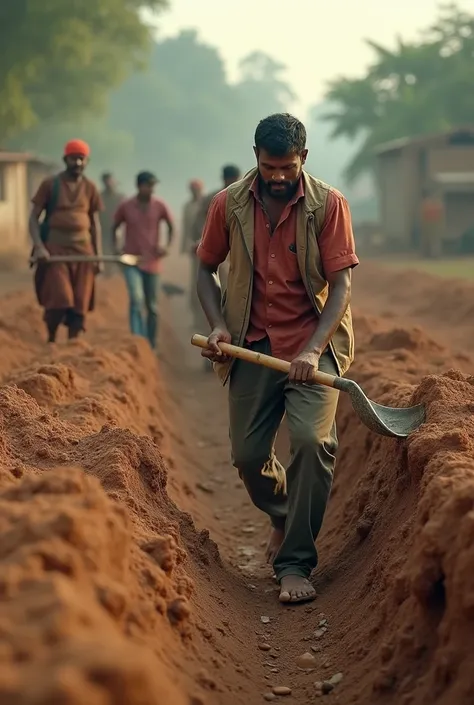 Instead of focusing on his own field Ravi helped his neighbours by digging trenches to protect everyones land give another image