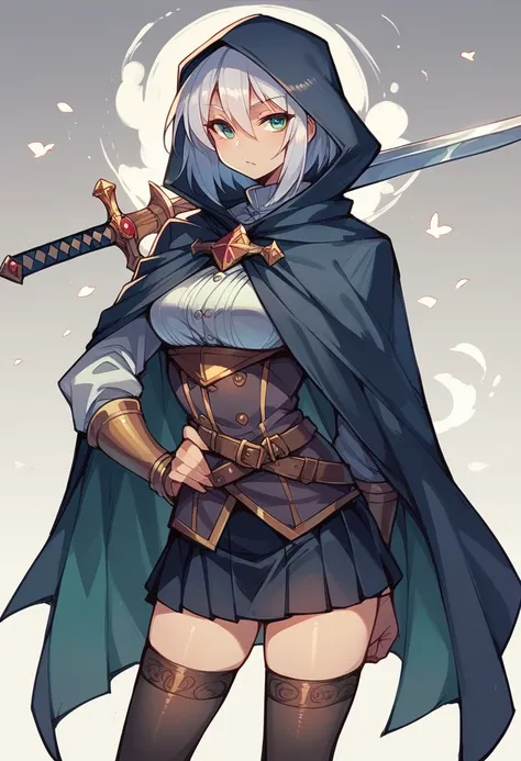 knight girl.short skirt, stockings. cool. cloak,sword on hip