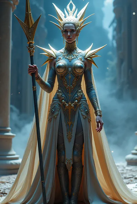 Create me a Miss Universe style costume of a monolithic spear
