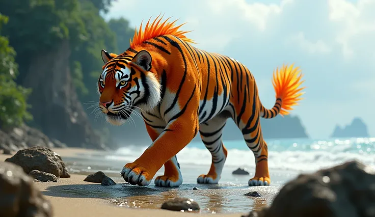 A hybrid tiger with fish characteristics, walking on a rocky beach terrain. Its body displays vibrant orange and black stripes., typical of a tiger, combined with bright clownfish-like fins on the legs and tail. The backdrop features dense rainforest and a...