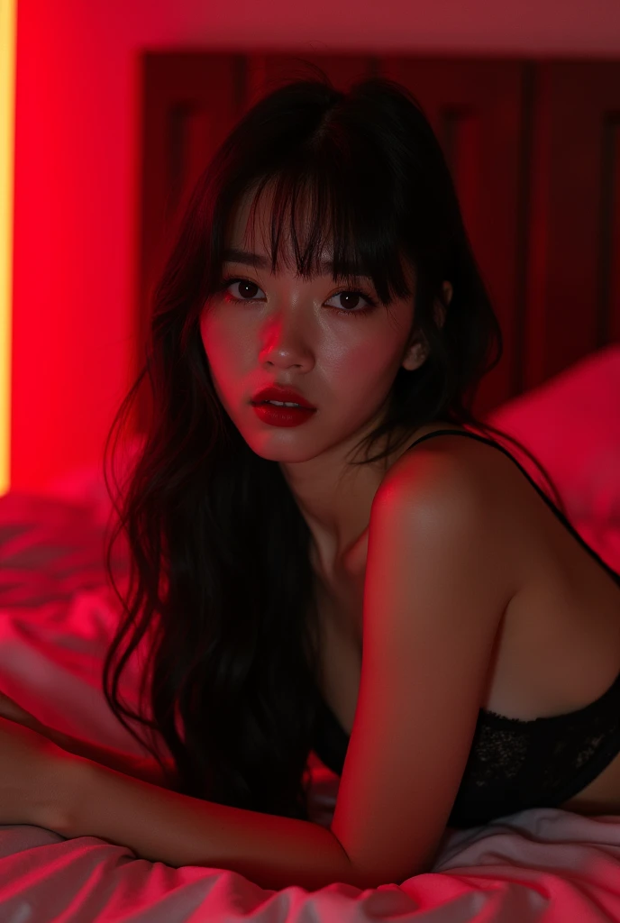 20 year old woman with long straight black hair and bangs, slanted eyes, black full lips, marked jaw and cheekbones, natural blush, lying on the bed looking at the camera topless and in lace thong , the room with red neon light