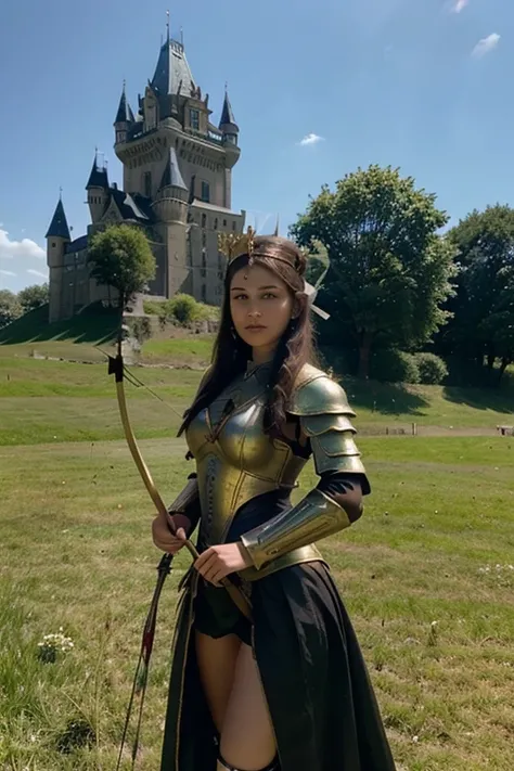 The image shows a 3D young woman dressed in a medieval-style outfit with a golden crown on her head. She is holding a bow and arrow in her right hand and is aiming it towards the right side of the image. In the background, there are several other warriors ...