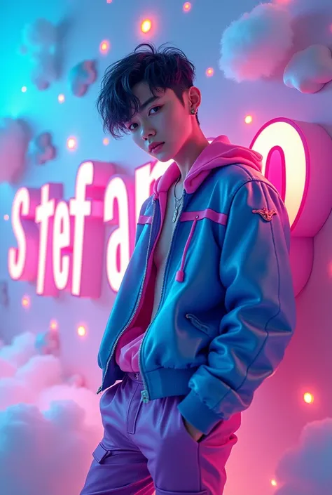 (A photo of a beautiful Korean  boy  with   undercut black  hair .he is standing side of the large name "Stefano mori". he is dressed in a blue and pink leather jacket top and purple cargo pants outfit. The man is seated behind of a large, vibrant 3D rende...