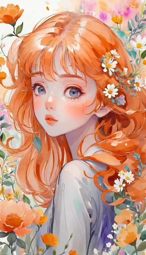 watercolor anime style, (Floral) digital art,pastel light color background, Cute art, blown by the wind, beautiful whimsical , cute whimsica ,Orange hair