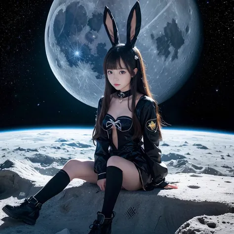 masterpiece, best quality,1girl,black bunny costume,sitting on the top of the moon,beaytiful moon,moon in the ,Space,Stars,looking at the earth so far,a 