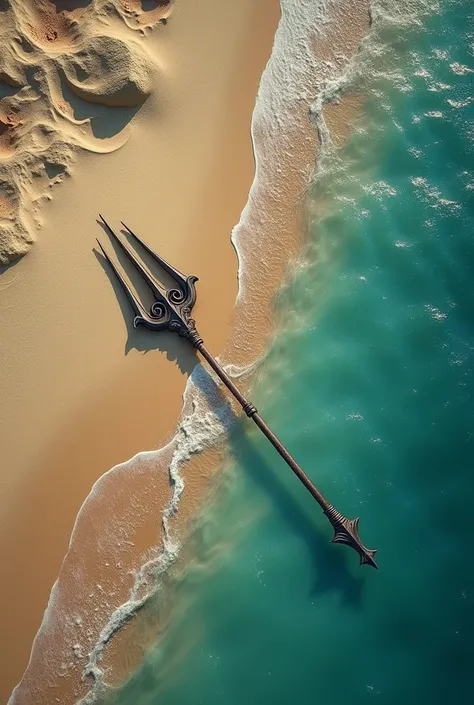 (photorealism:1.2), a close up aerial shot of the shore tha (half sea, half sand)  with poseidons trident laying down but still turned on